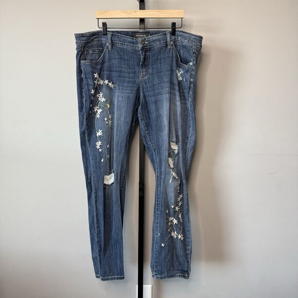 Torrid Premium Boyfriend Jeans Floral Embroidered Distressed Denim Size 20R - Picture 2 of 16